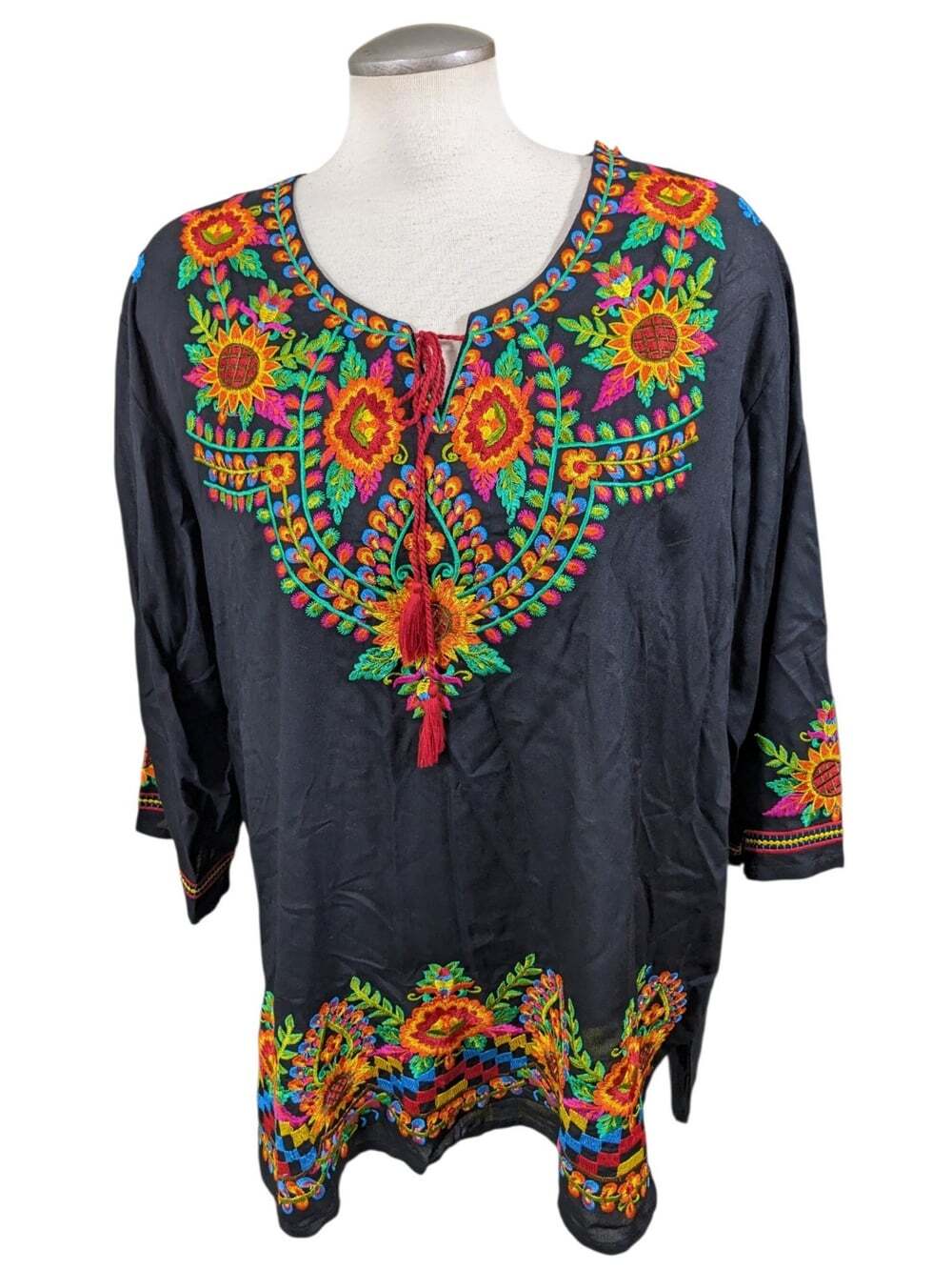 Durga Black Floral Embroidered Colorful Cottagecore Boho Tunic Top Womens XXL